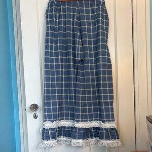 Blue Plaid Women's Pants with Lace Trim
